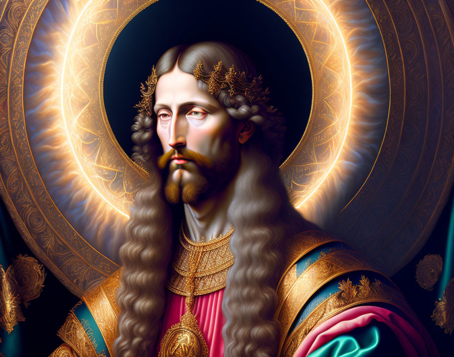 Regal figure in golden armor with halo and mystical aura