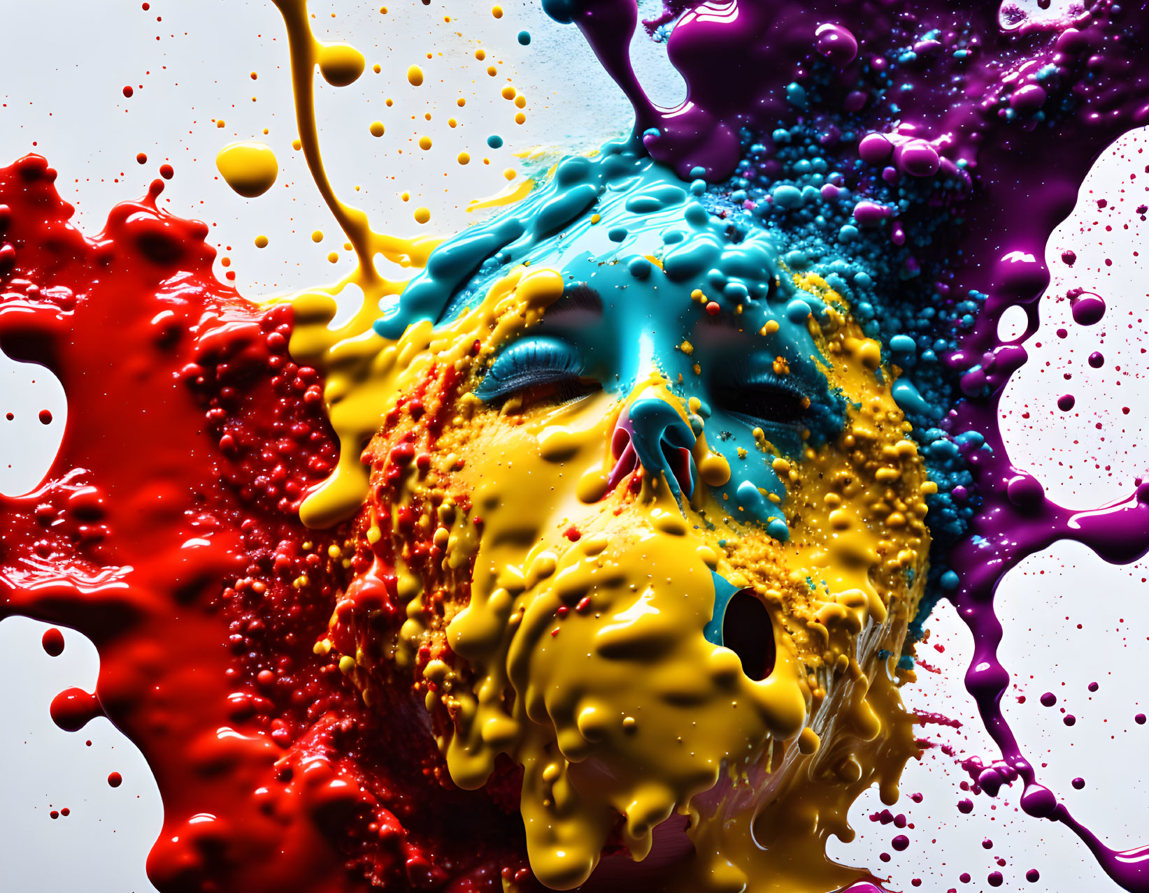 Abstract art: Human face covered in vibrant multicolored paints