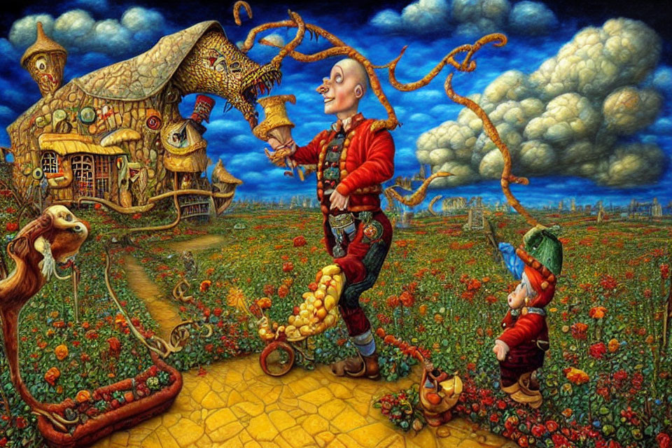 Colorful surreal painting of whimsical characters in a flower field with fantastical house