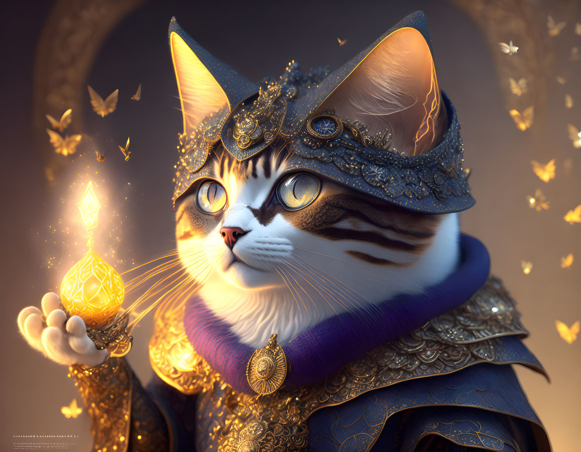 Majestic cat in golden armor and cloak with magical lantern and butterflies