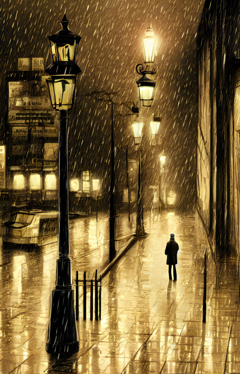 Figure walking on rain-slicked street under warm lamplight