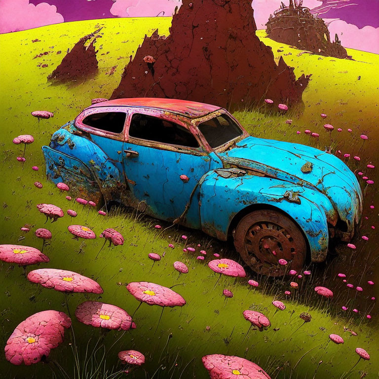 Abandoned blue car in vibrant field with pink flowers under surreal purple sky