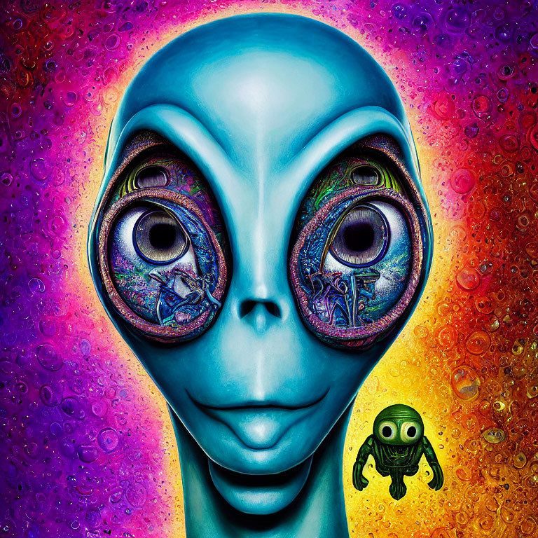 Vibrant alien artwork with large eyes on psychedelic background