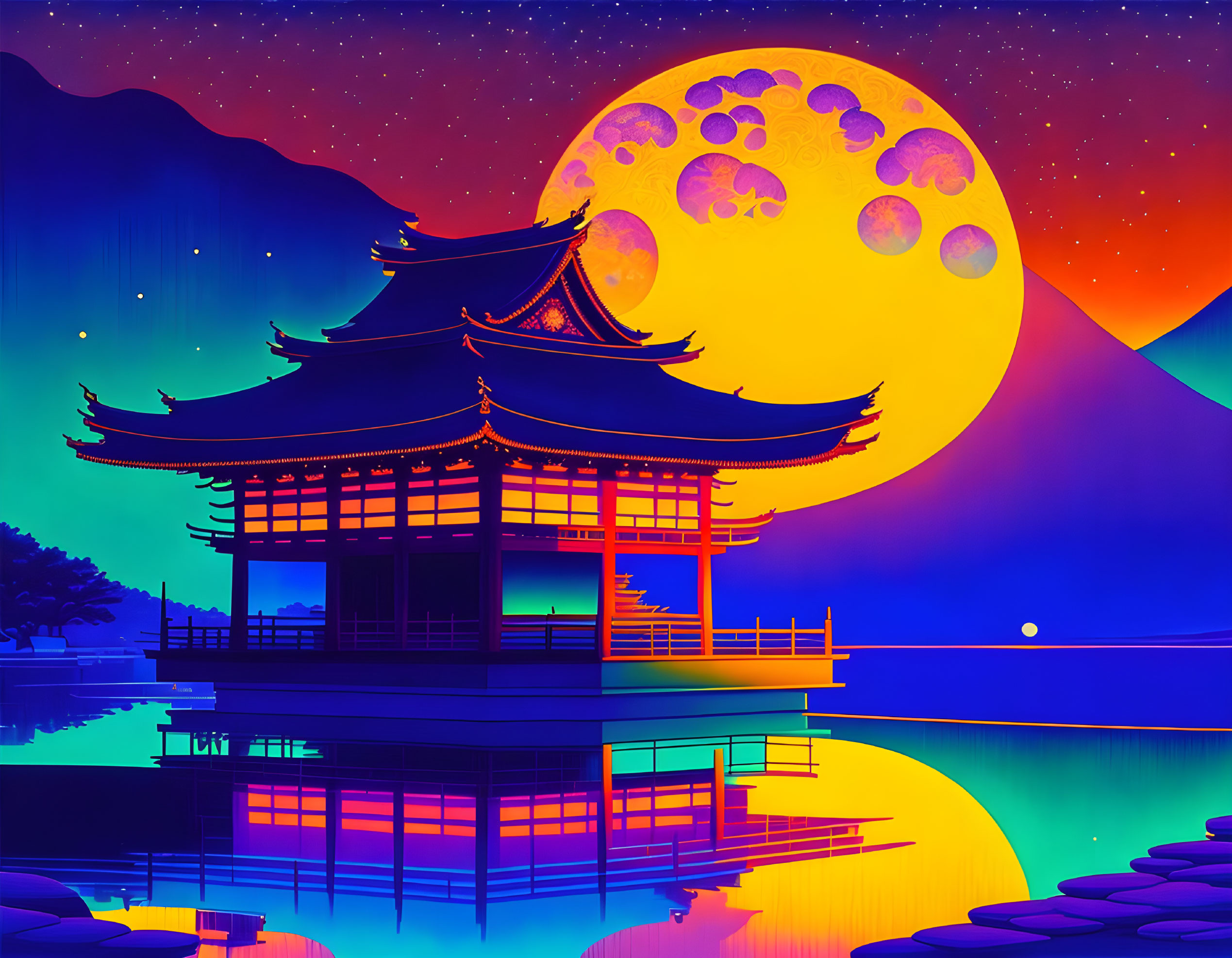 Traditional Japanese pagoda by lake with full moon, mountains, and starry sky