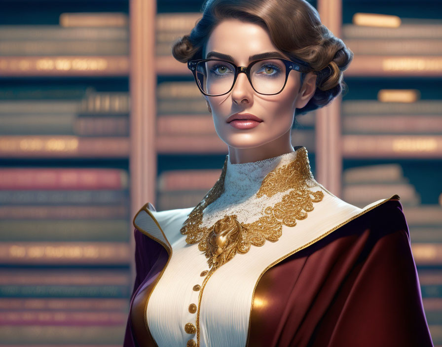 Sophisticated woman portrait with glasses and vintage hairstyle on bookshelf background