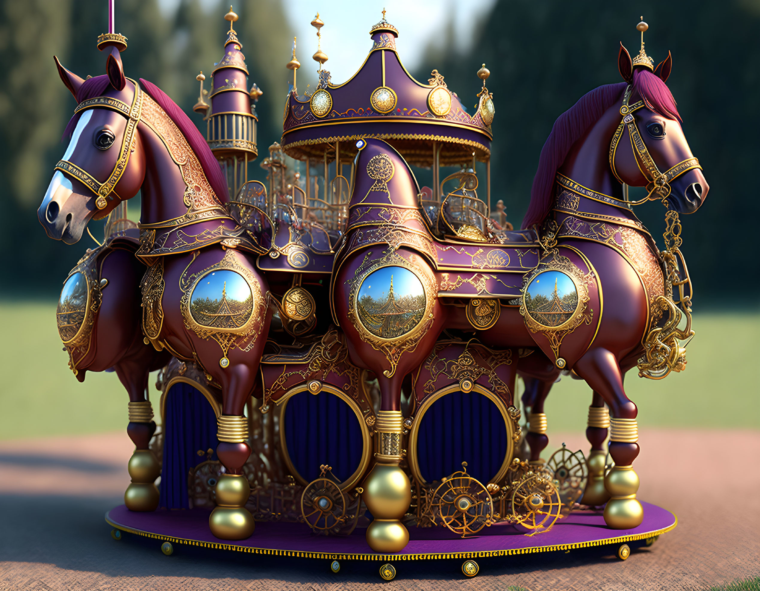 Fantastical castle-like carriage with purple horses and golden details