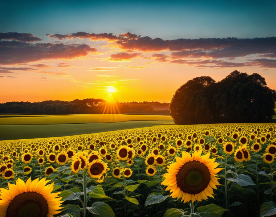 Vibrant sunset over blooming sunflower field and green trees