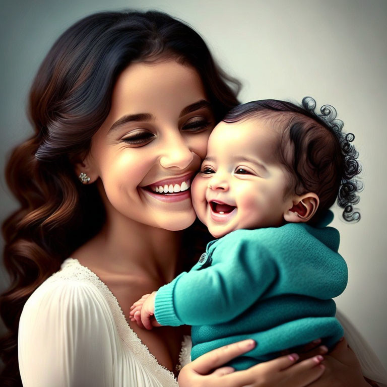 Smiling woman holding giggling baby with curly hair