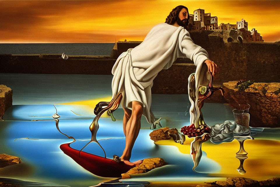 Surreal painting with religious and Salvador Dali-like imagery depicting Christ-like figure on boat with melting