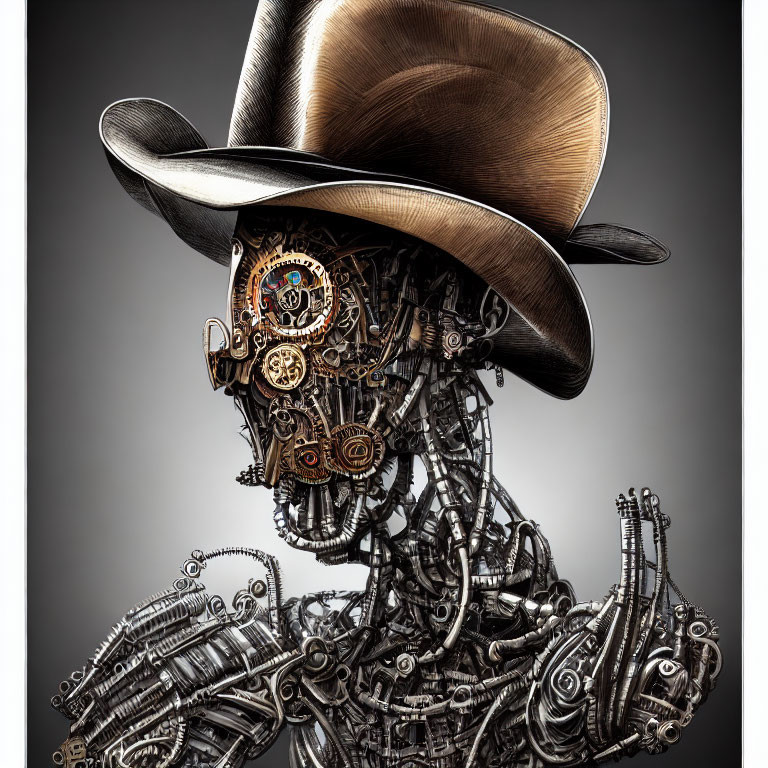 Steampunk-style mechanical skull with large brimmed hat and intricate gears.