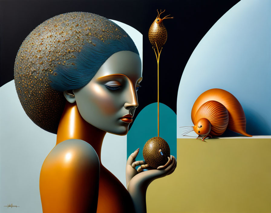 Surreal artwork of woman with speckled headdress, sphere, snail, and bird