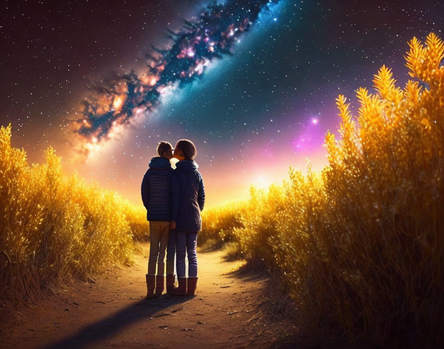 Two people under starry sky in field with vibrant galaxy and tall grasses