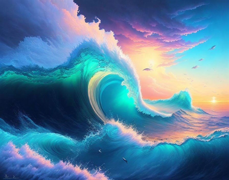 Digital Artwork: Vibrant Wave Under Dramatic Sky with Birds and Setting Sun