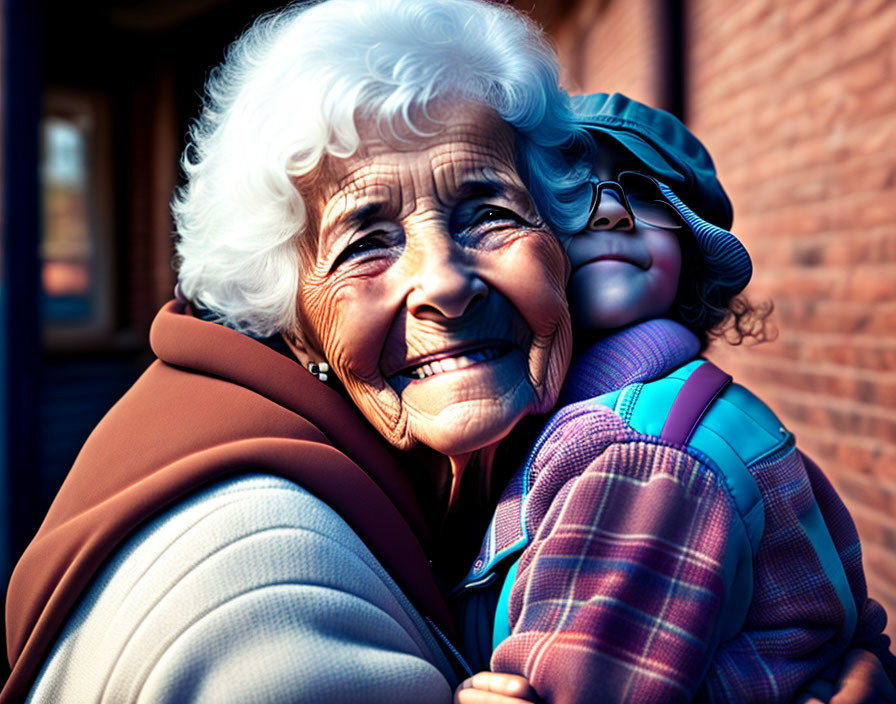 Elderly woman joyfully hugs child in plaid coat and hat