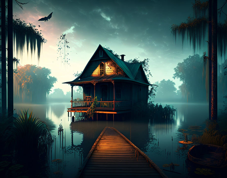 Misty lake scene: solitary house on water at dusk