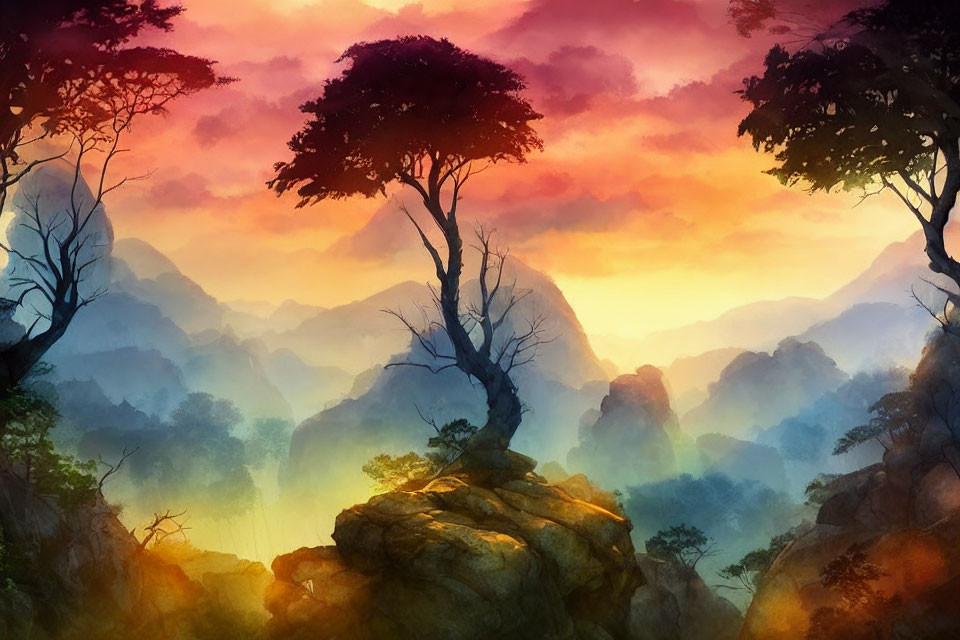 Colorful Sunset Mountain Landscape with Silhouetted Trees