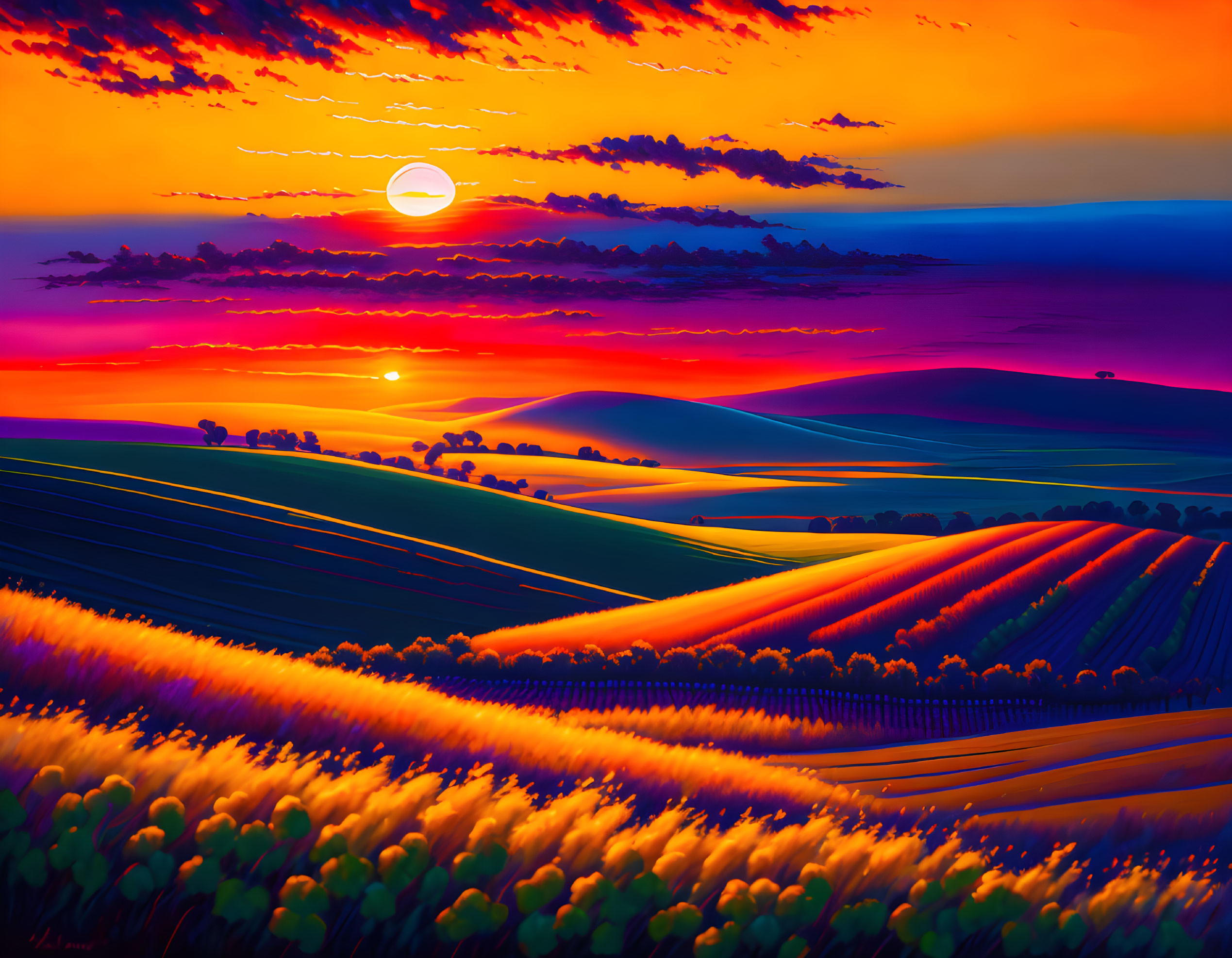 Colorful sunset over rolling hills and fields with warm sun.