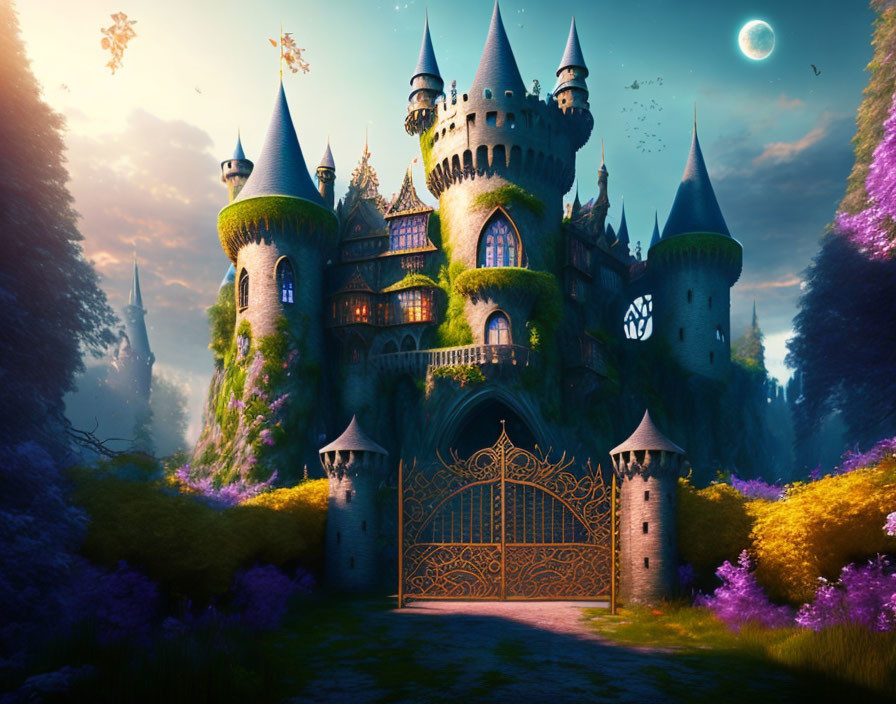 Ivy-covered castle in twilight with crescent moon