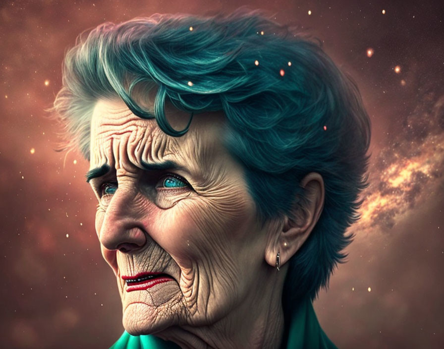 Elderly woman with blue hair and deep wrinkles against starry background