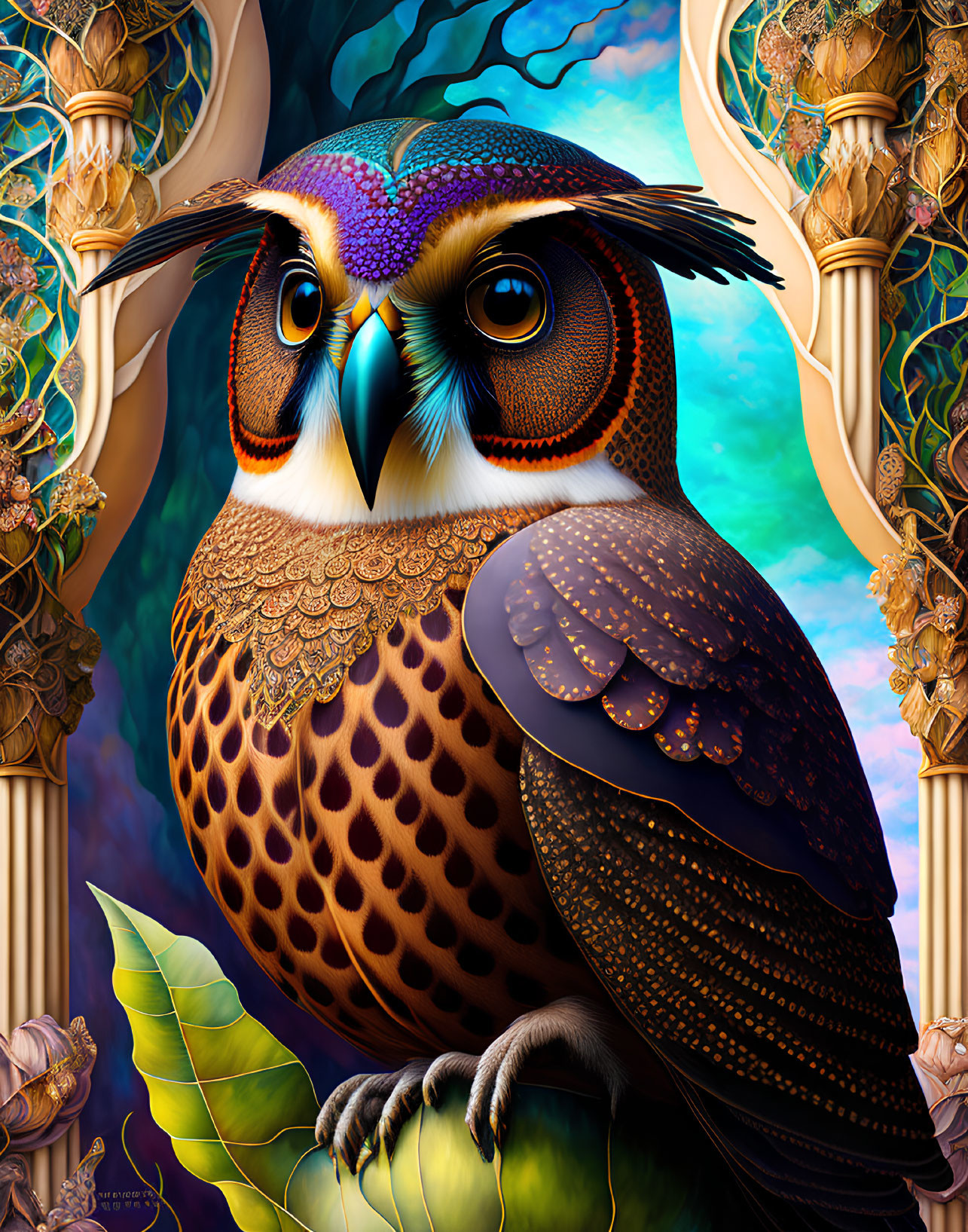 Colorful Owl Illustration with Intricate Patterns and Rich Colors