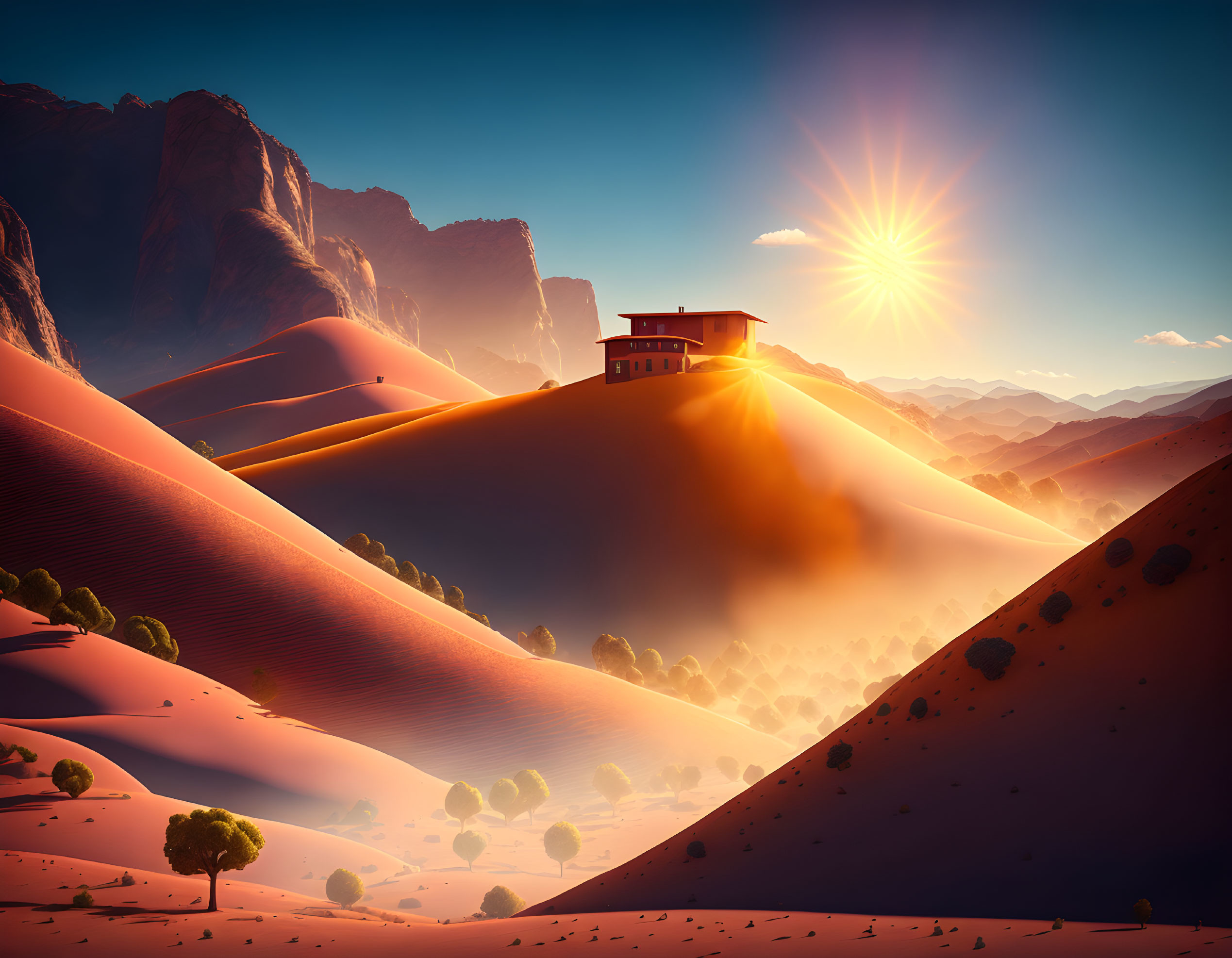 Tranquil sunset landscape with sand dunes, lone house, trees, and mountains