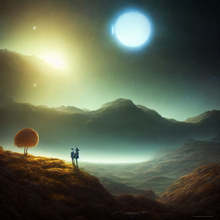 Starry sky with figures on hilltop overlooking misty mountains at twilight