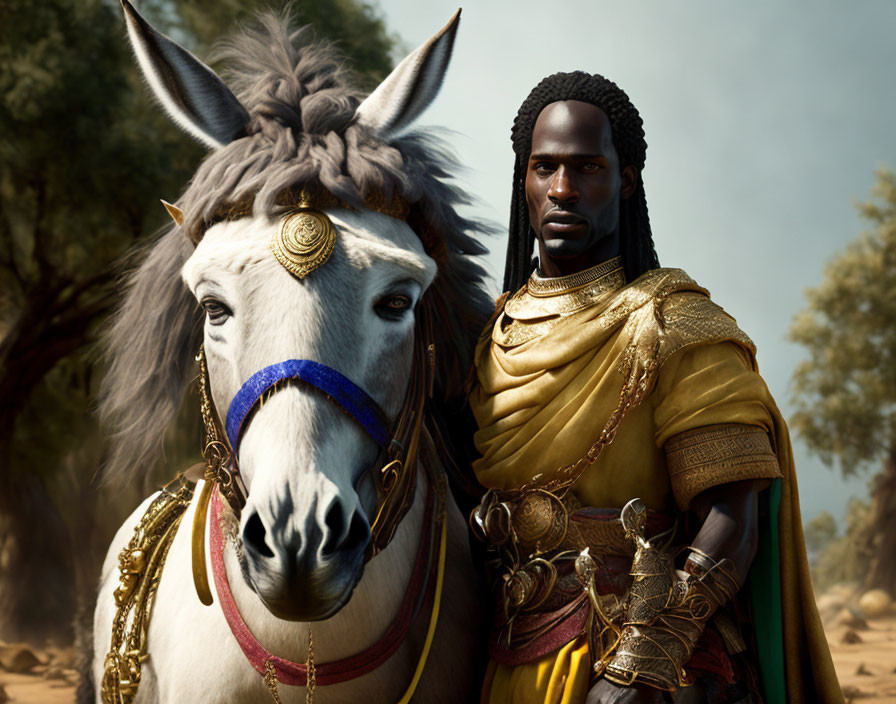 Digital Art: Noble Man with Dark Skin and White Horse in Savannah