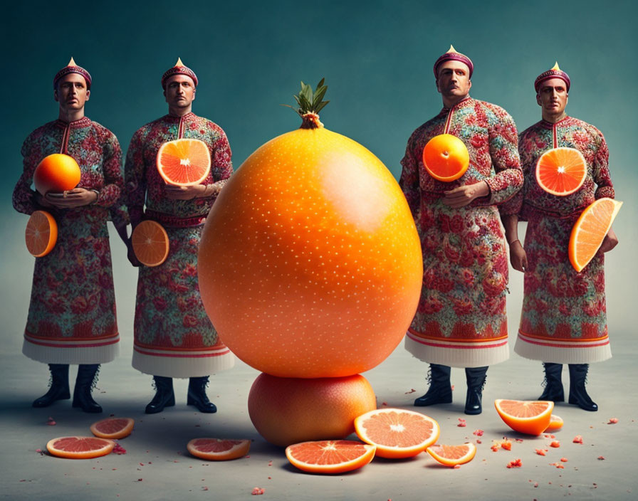 Four men in patterned outfits holding orange slices with giant fruit on top