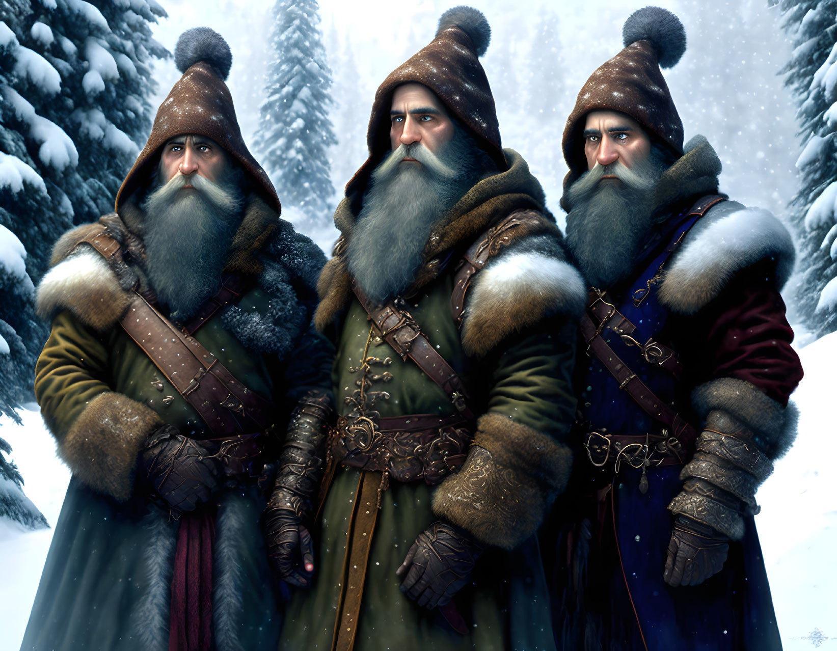 Medieval-themed image: Three bearded figures in fur-lined cloaks in snowy forest