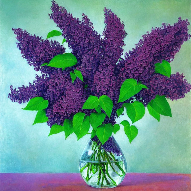 Purple Lilacs in Clear Vase on Vibrant Background