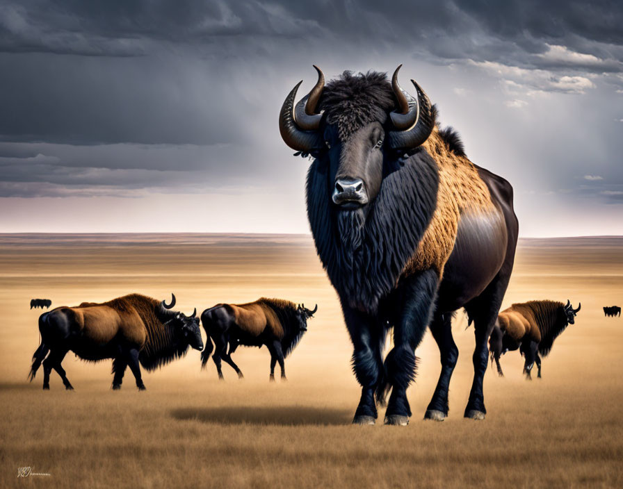 Herd of Bison on Vast Plain with Dramatic Sky