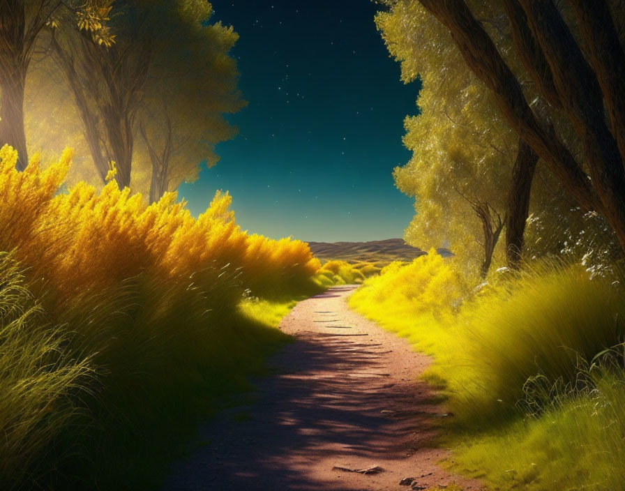 Tranquil dirt path with yellow shrubs and tall trees under starry sky