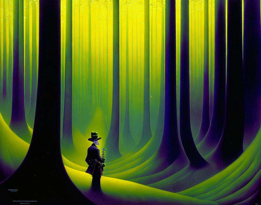 Mysterious figure in hat in luminous forest landscape