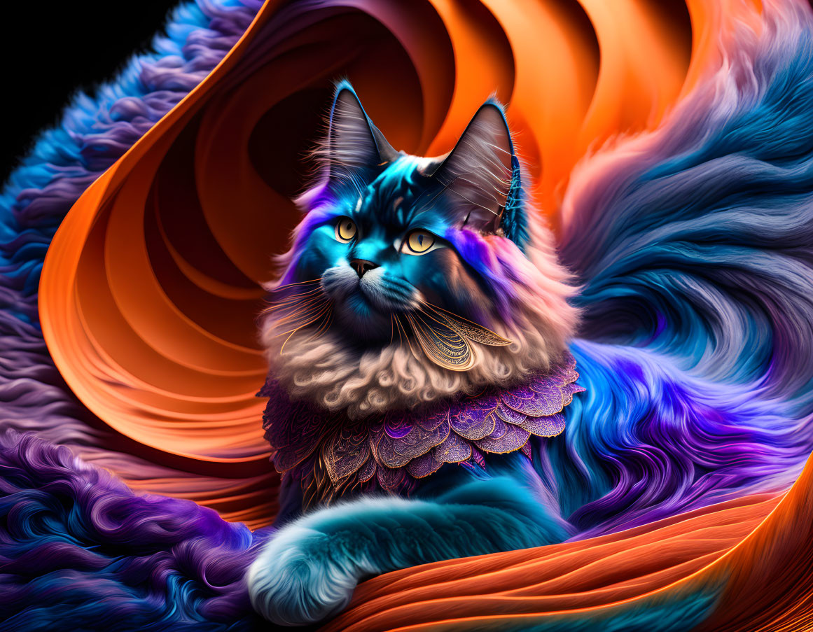 Colorful digital artwork: Majestic blue cat with purple feather-like patterns on swirling orange and blue background