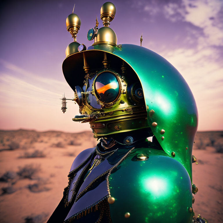 Steampunk robot with brass helmet in desert sunset.