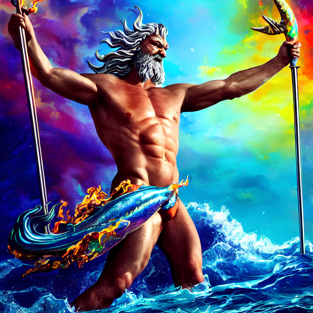 Bearded man with trident and flaming sword in vibrant sea scene