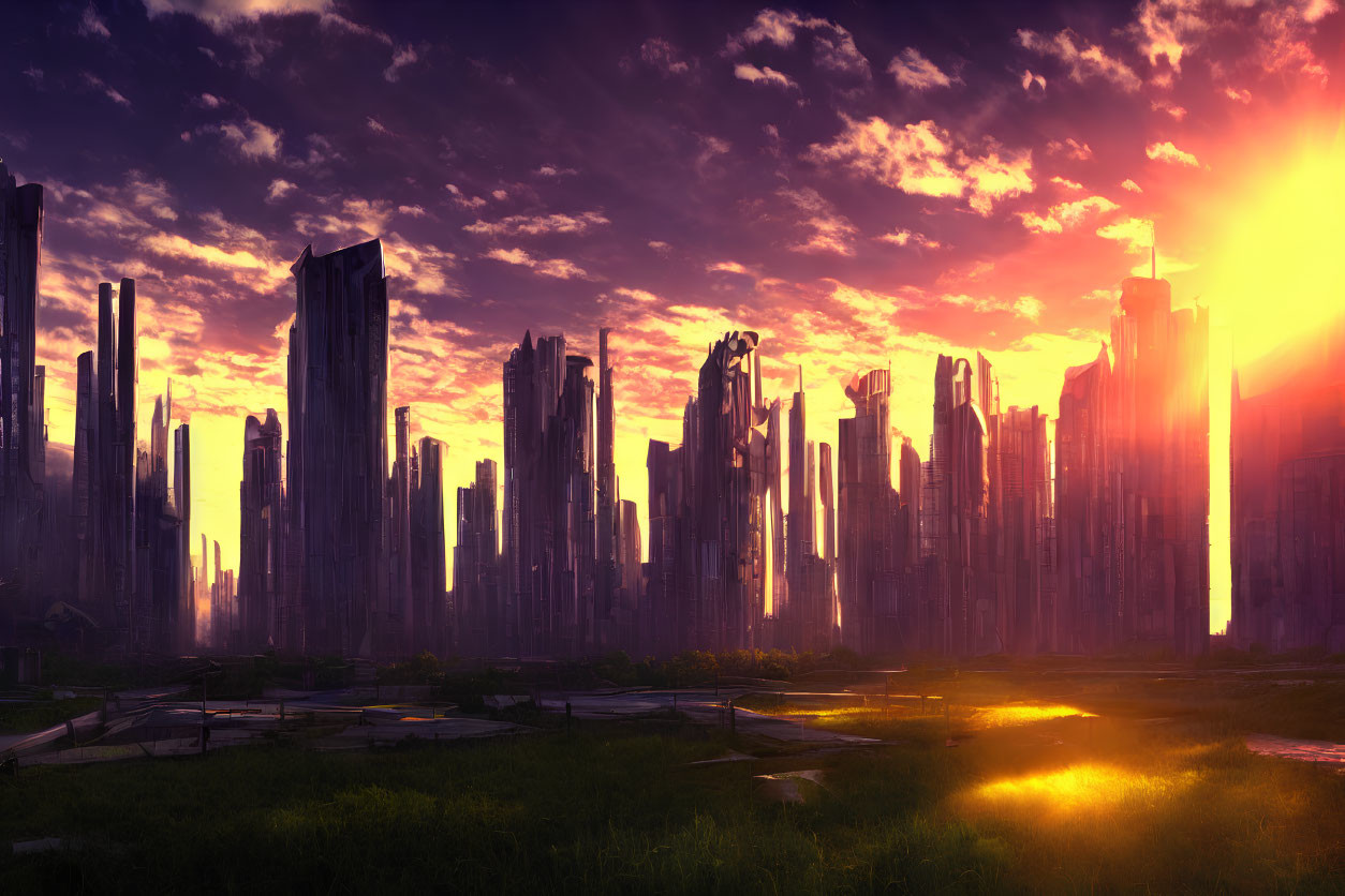 Futuristic cityscape with skyscrapers at sunset