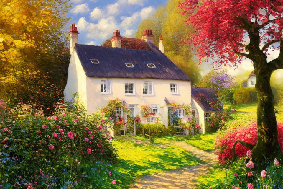 White Thatched Roof Cottage in Lush Garden with Red Tree and Sunlit Pathway
