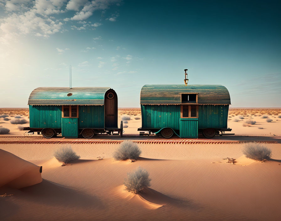 Vintage wagons on desert train tracks amidst sand dunes and shrubs under clear sky