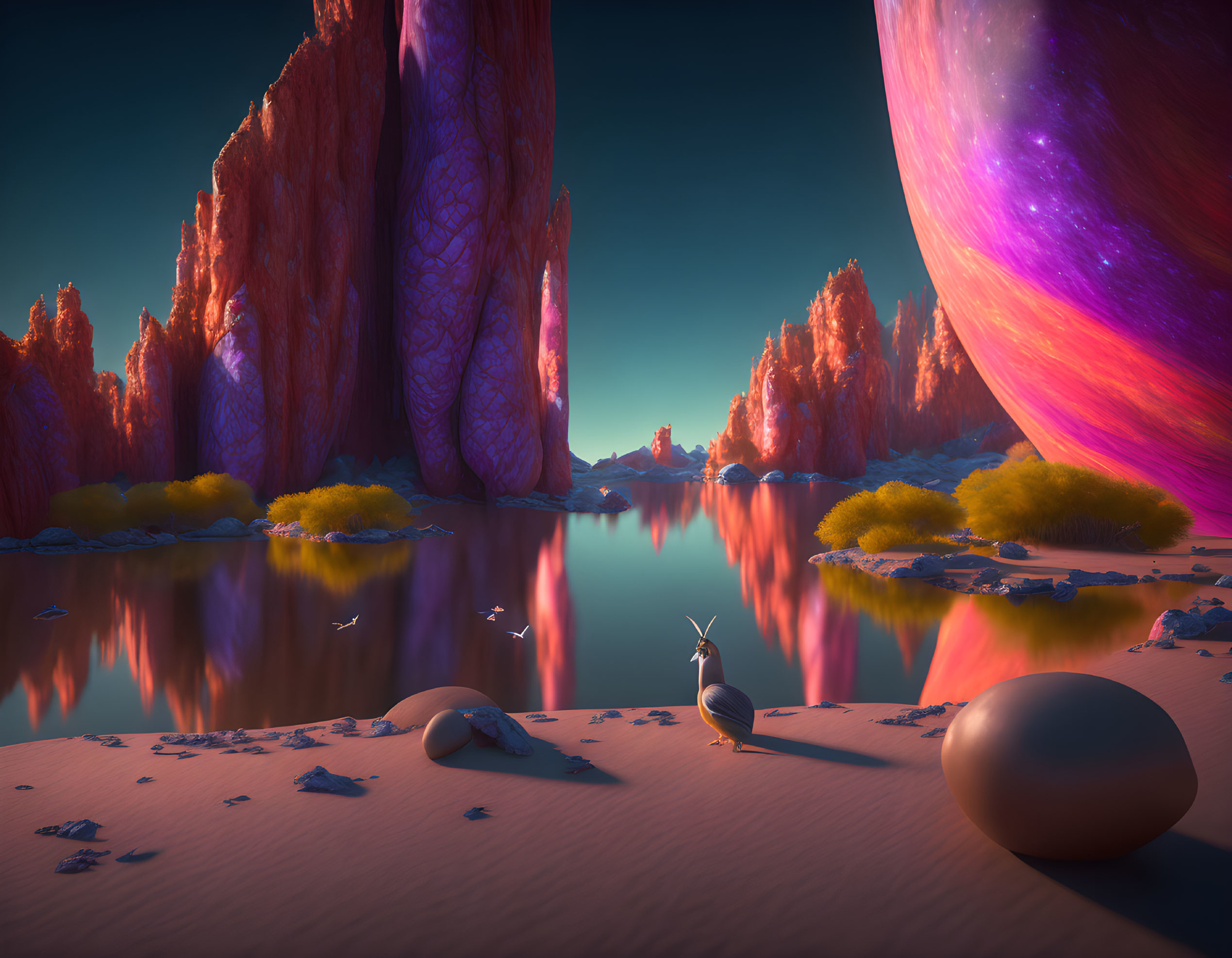 Fantasy landscape with purple cliffs, reflective lake, golden shrubbery, and large planet.