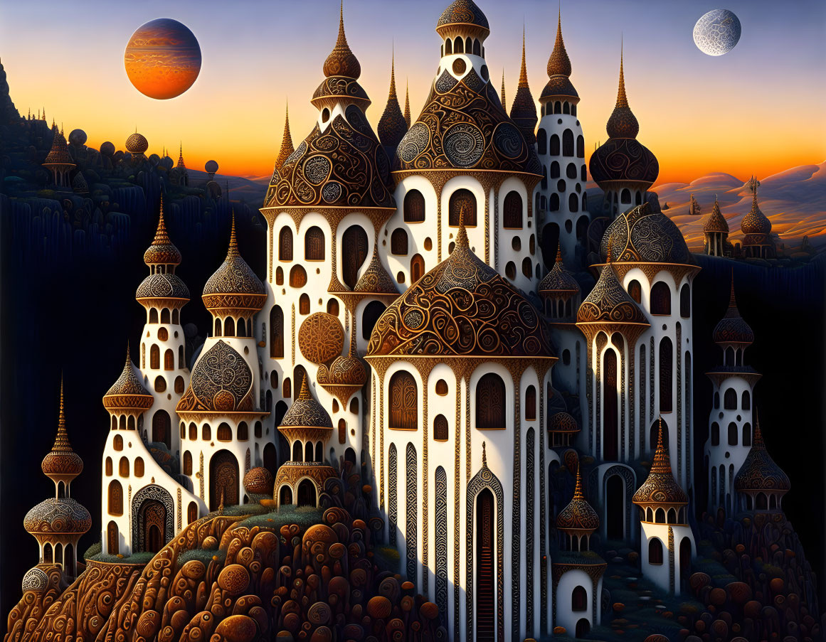 Fantasy landscape featuring castle-like buildings, two moons, and rolling hills.