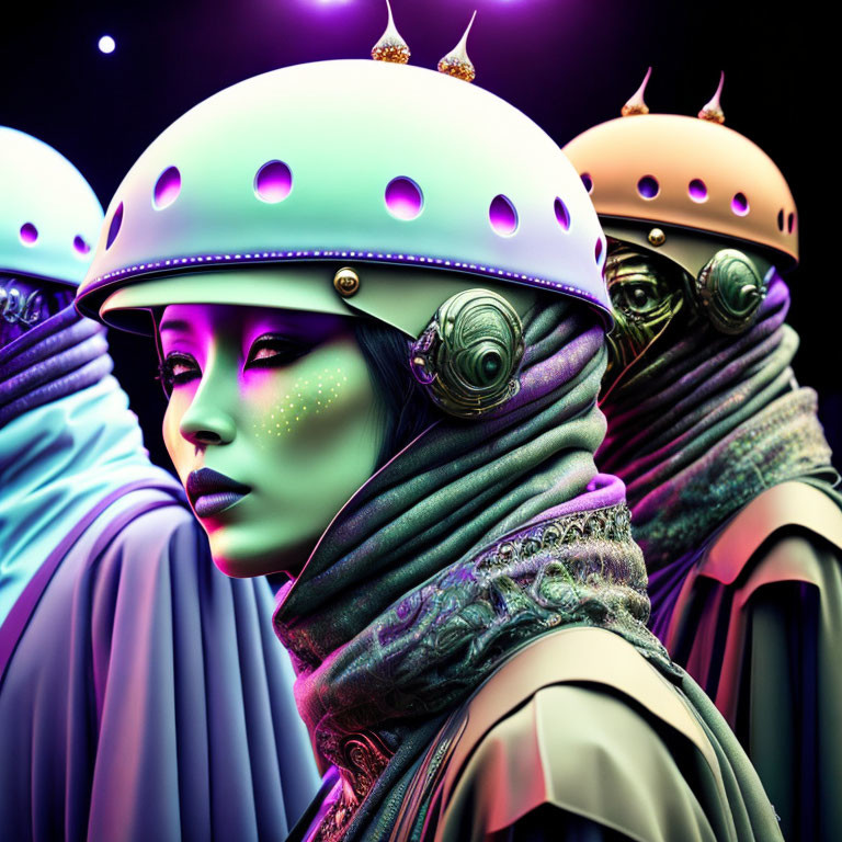 Vibrant futuristic illustration of individuals in spiked helmets and exotic attire with neon glow.