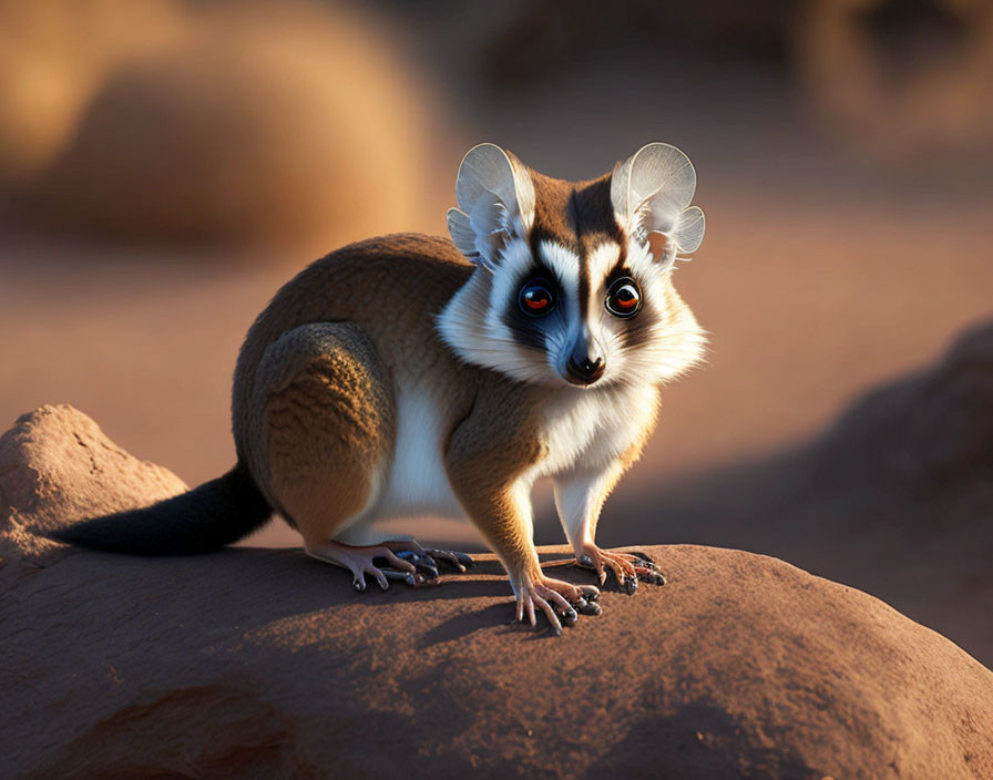 Fantastical lemur-like creature with large ears and red eyes on rocky surface