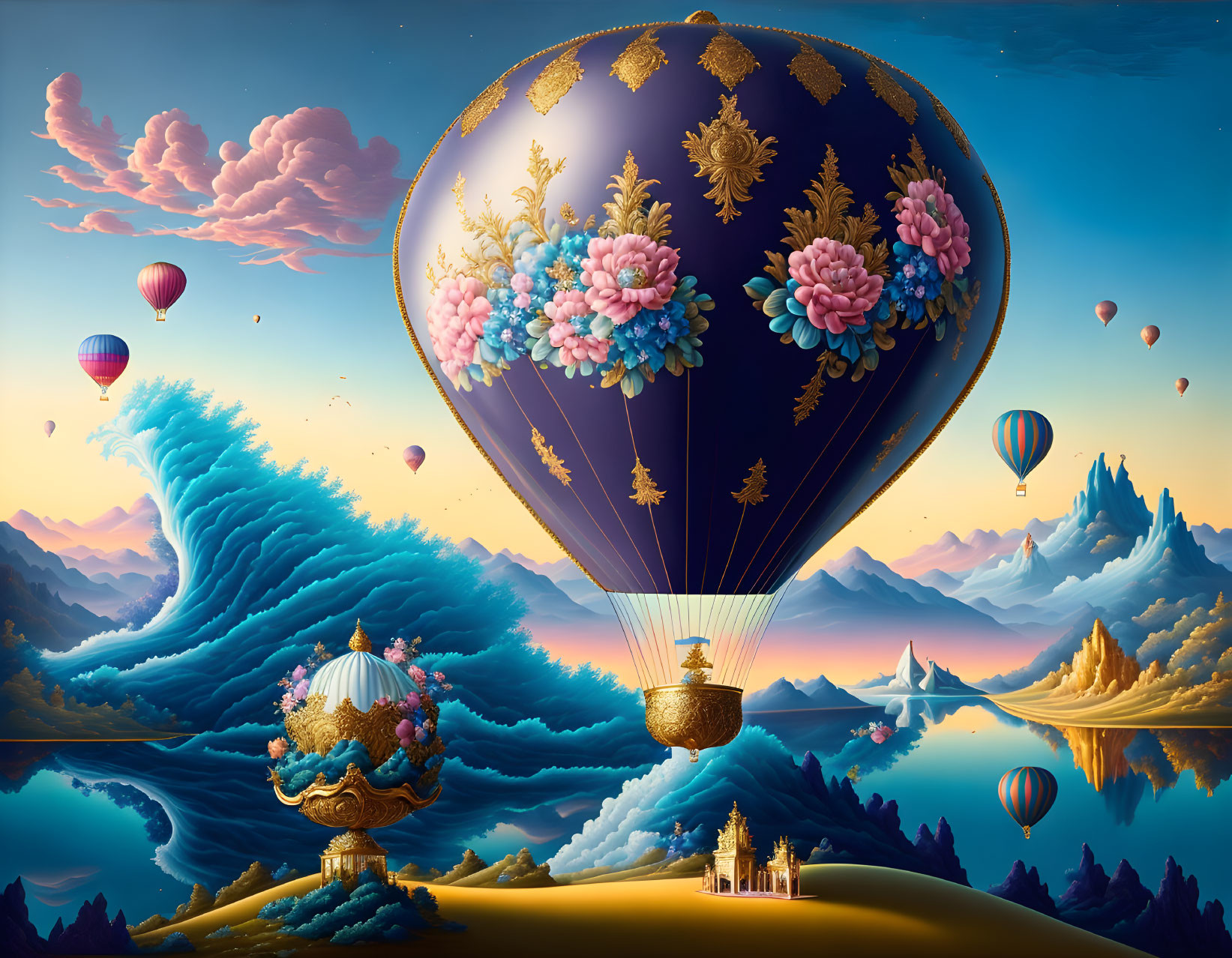 Colorful hot air balloons float over stylized ocean waves under golden sky