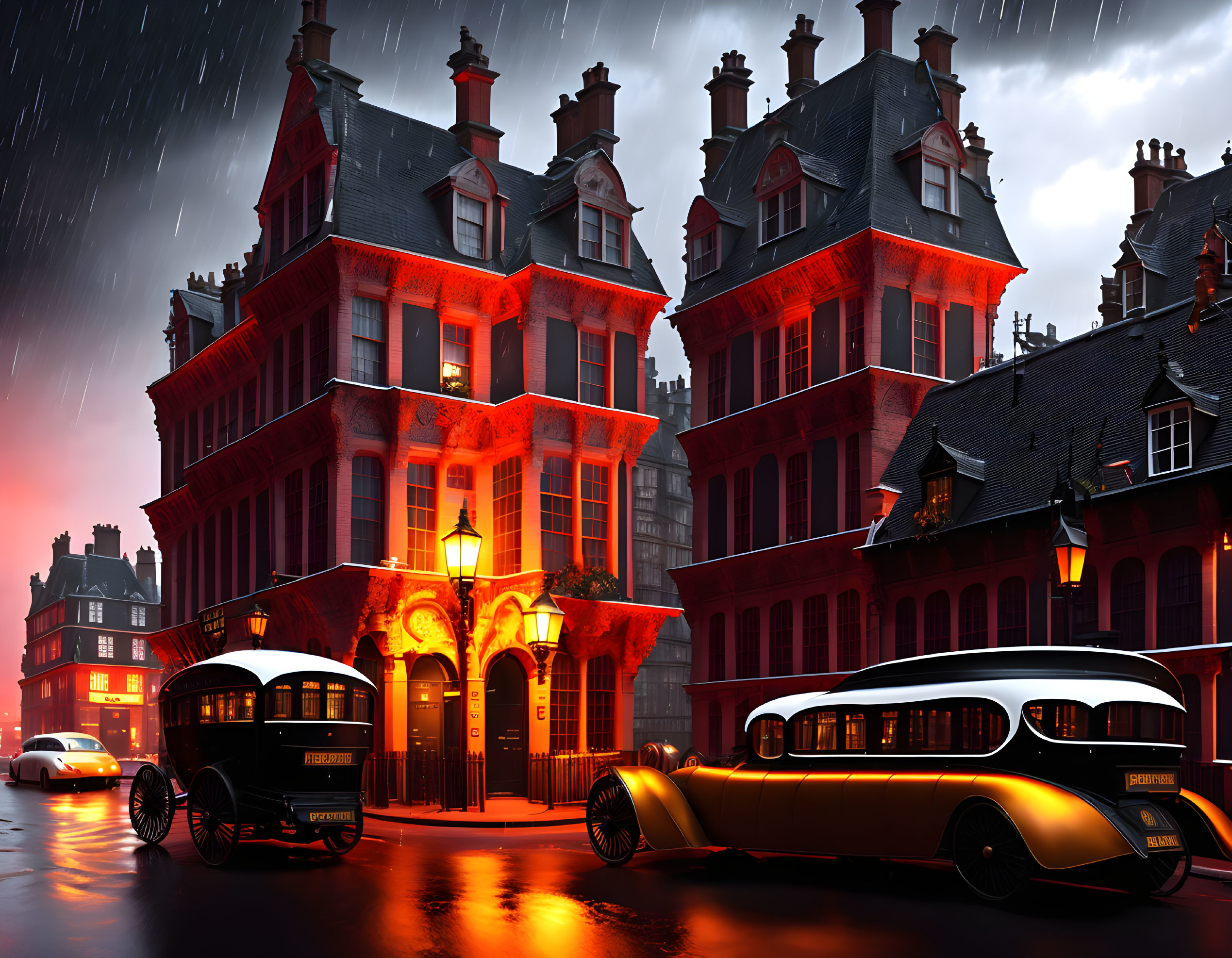 Vintage cars on rain-soaked cobblestone streets at night