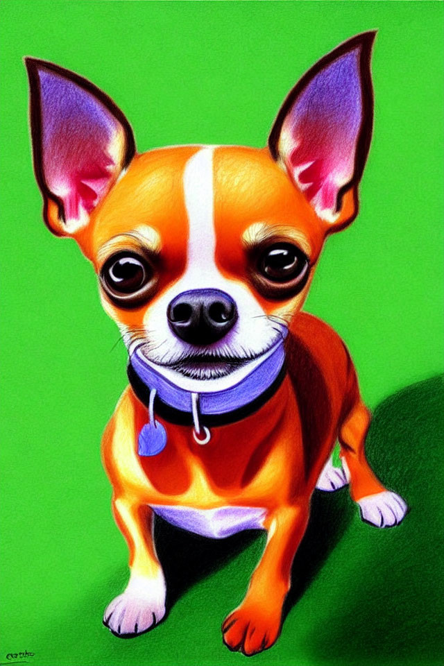 Vibrant Chihuahua Illustration with Big Eyes on Green Background