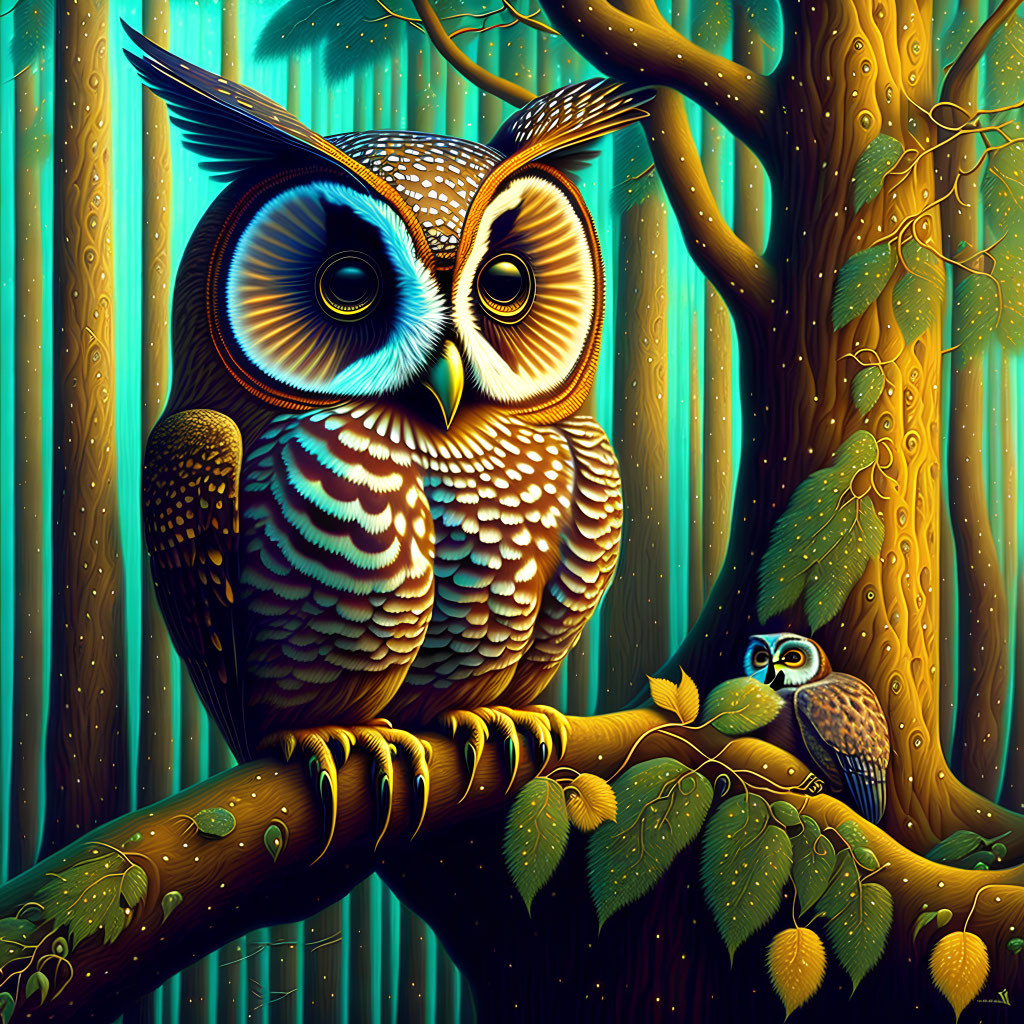 Illustration of two stylized owls on a tree branch in a mystical forest