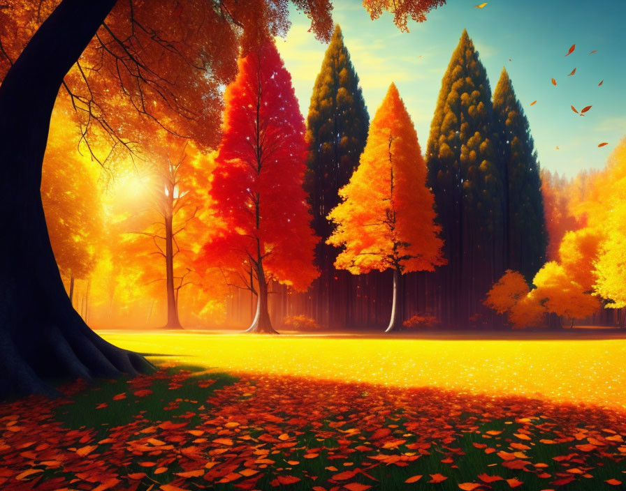 Colorful Autumn Forest with Fallen Leaves and Sunlight