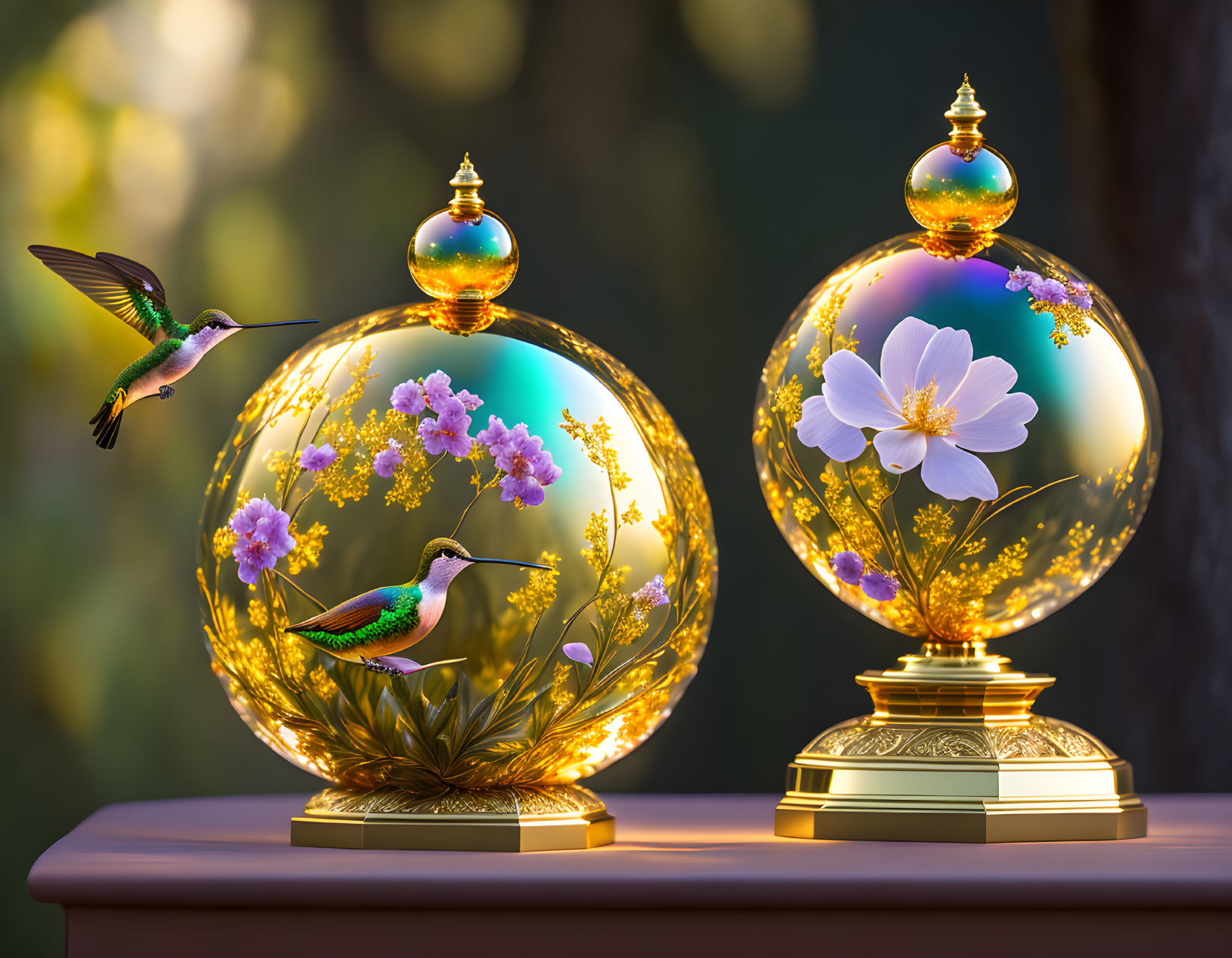 Ornate glass globes with gold detailing and delicate flowers in serene garden setting