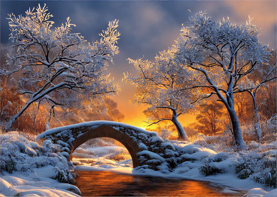 Snow-covered trees, stone bridge, and orange sky in winter scene